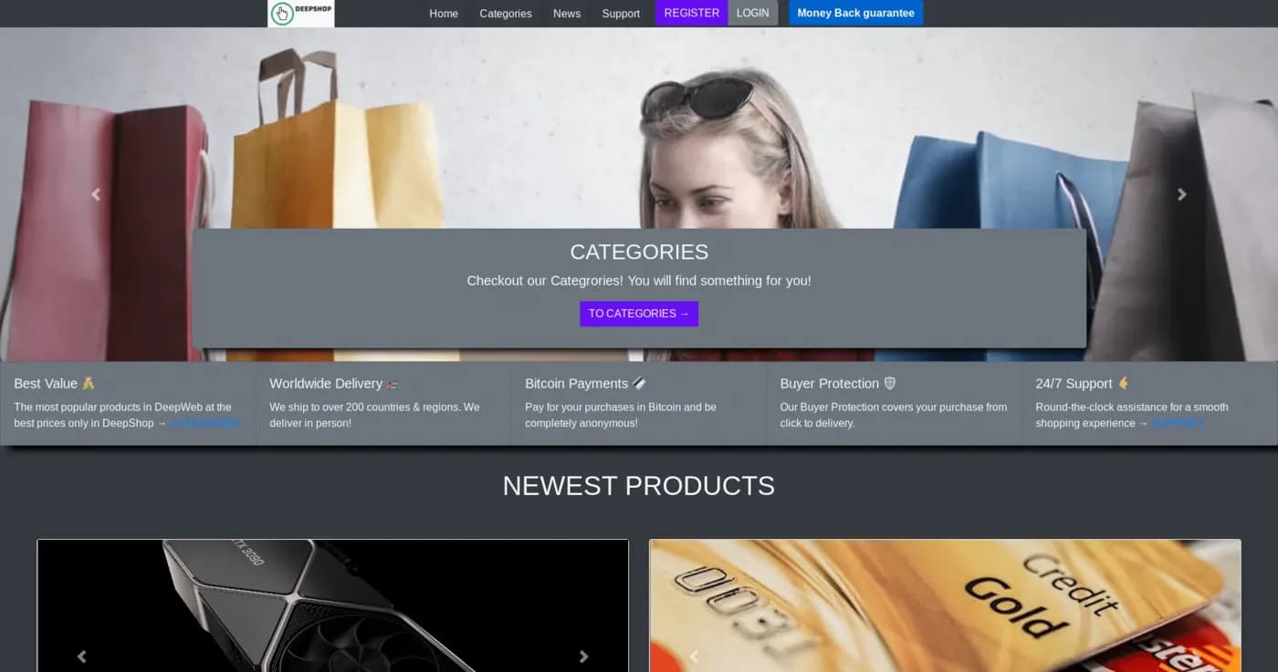 Page d’accueil du site Dark Store
