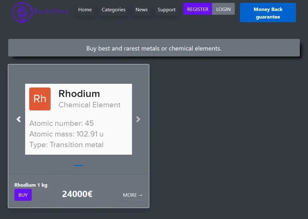 Rhodium en vente sur le site Dark Store