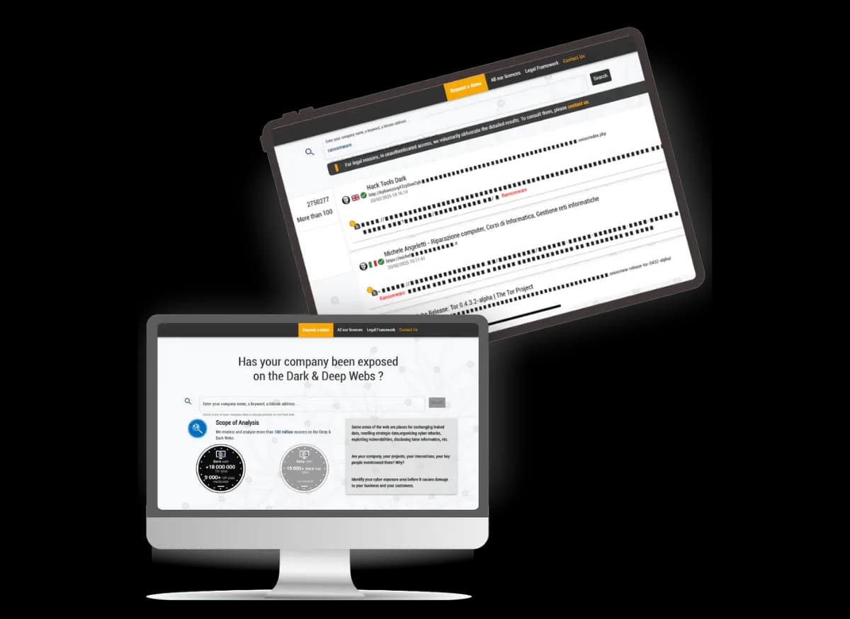 L'interface d'Aleph Open Search sur trois écrans : une liste de résultats et le formulaire « Has your company been exposed on the Dark & Deep Webs ? »