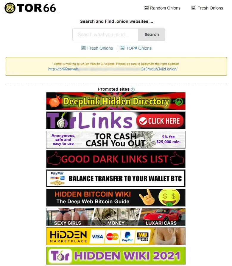 Page d'accueil du moteur de recherche Tor66 et sa colonne de sites sponsorisés : annuaires cachés, transferts de bitcoins, Hidden Wiki.