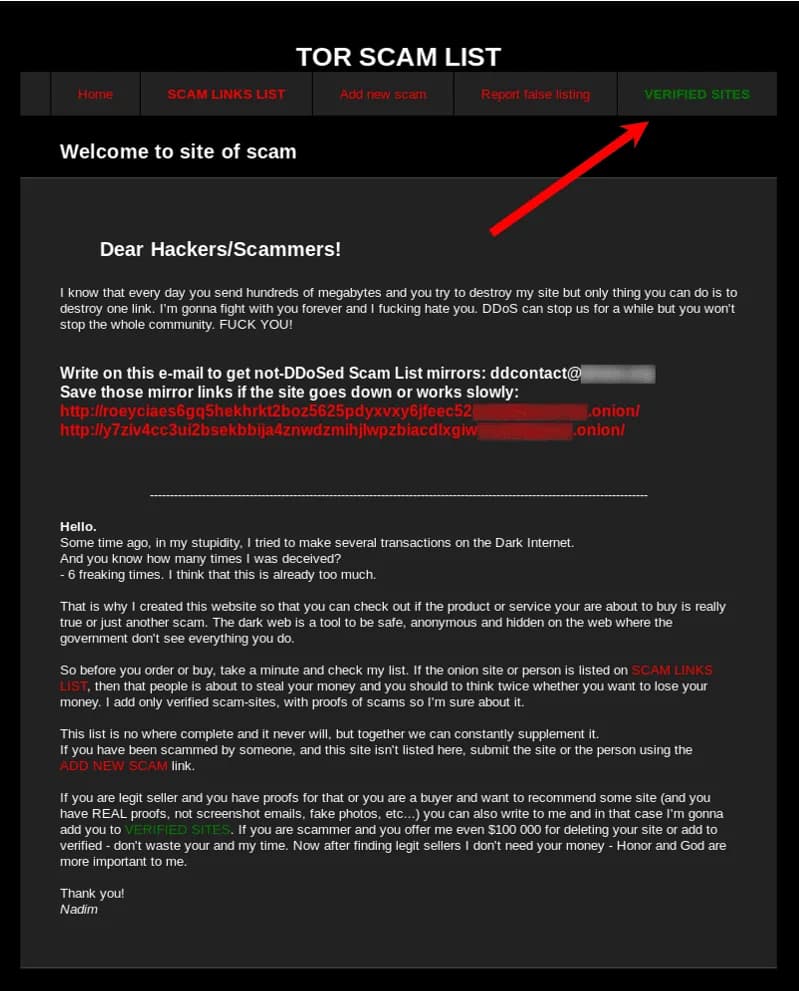 Scam List Of Tor - Miroir leurre
