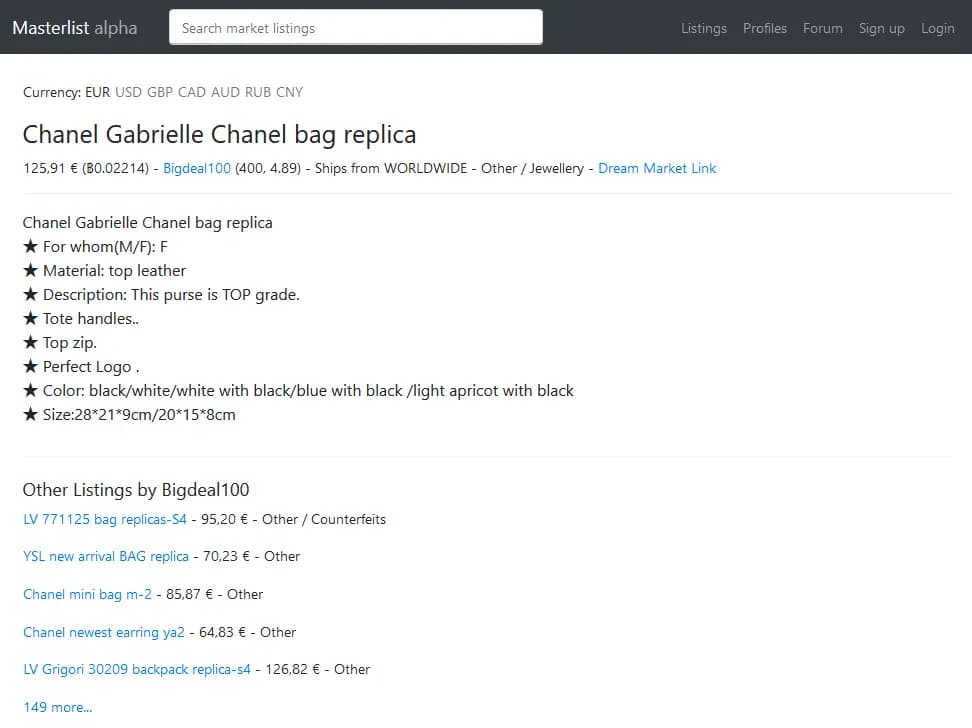 sac chanel contrefaçon dark web
